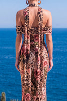 Laden Sie das Bild in den Galerie-Viewer, Meerjungfrauengrüner Samt-Neckholderhals mit gerafftem Maxi-Floralkleid