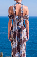 Laden Sie das Bild in den Galerie-Viewer, Meerjungfrauengrüner Samt-Neckholderhals mit gerafftem Maxi-Floralkleid