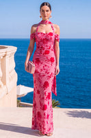 Laden Sie das Bild in den Galerie-Viewer, Meerjungfrauengrüner Samt-Neckholderhals mit gerafftem Maxi-Floralkleid
