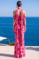 Laden Sie das Bild in den Galerie-Viewer, Meerjungfrauengrüner Samt-Neckholderhals mit gerafftem Maxi-Floralkleid
