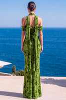 Laden Sie das Bild in den Galerie-Viewer, Meerjungfrauengrüner Samt-Neckholderhals mit gerafftem Maxi-Floralkleid