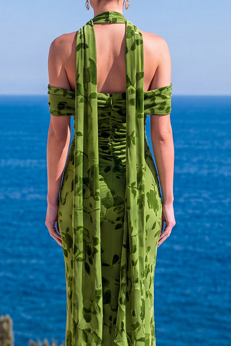 Laden Sie das Bild in den Galerie-Viewer, Meerjungfrauengrüner Samt-Neckholderhals mit gerafftem Maxi-Floralkleid