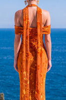 Laden Sie das Bild in den Galerie-Viewer, Meerjungfrauengrüner Samt-Neckholderhals mit gerafftem Maxi-Floralkleid