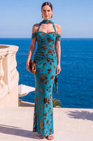 Laden Sie das Bild in den Galerie-Viewer, Meerjungfrauengrüner Samt-Neckholderhals mit gerafftem Maxi-Floralkleid