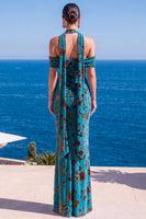 Laden Sie das Bild in den Galerie-Viewer, Meerjungfrauengrüner Samt-Neckholderhals mit gerafftem Maxi-Floralkleid