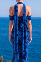 Laden Sie das Bild in den Galerie-Viewer, Meerjungfrauengrüner Samt-Neckholderhals mit gerafftem Maxi-Floralkleid