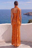 Laden Sie das Bild in den Galerie-Viewer, Einschulter-Meerjungfrauenorange Maxi-Blumenkleid