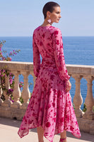 Laden Sie das Bild in den Galerie-Viewer, Grünes A-Linien-Samt-V-Ausschnitt Asymmetrisches gerafftes Midi-Blumenkleid mit langen Ärmeln