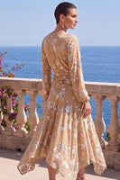 Laden Sie das Bild in den Galerie-Viewer, Grünes A-Linien-Samt-V-Ausschnitt Asymmetrisches gerafftes Midi-Blumenkleid mit langen Ärmeln