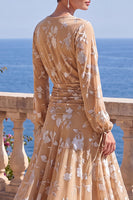 Laden Sie das Bild in den Galerie-Viewer, Grünes A-Linien-Samt-V-Ausschnitt Asymmetrisches gerafftes Midi-Blumenkleid mit langen Ärmeln