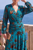 Laden Sie das Bild in den Galerie-Viewer, Grünes A-Linien-Samt-V-Ausschnitt Asymmetrisches gerafftes Midi-Blumenkleid mit langen Ärmeln