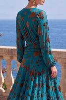 Laden Sie das Bild in den Galerie-Viewer, Grünes A-Linien-Samt-V-Ausschnitt Asymmetrisches gerafftes Midi-Blumenkleid mit langen Ärmeln
