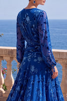 Laden Sie das Bild in den Galerie-Viewer, Grünes A-Linien-Samt-V-Ausschnitt Asymmetrisches gerafftes Midi-Blumenkleid mit langen Ärmeln