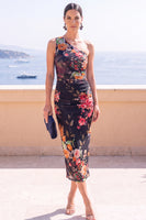 Laden Sie das Bild in den Galerie-Viewer, Blaues Blumen-Bodycon-Midi-Kleid mit einer Schulter