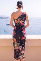 Laden Sie das Bild in den Galerie-Viewer, Blaues Blumen-Bodycon-Midi-Kleid mit einer Schulter