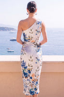 Laden Sie das Bild in den Galerie-Viewer, Blaues Blumen-Bodycon-Midi-Kleid mit einer Schulter