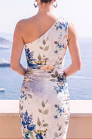 Laden Sie das Bild in den Galerie-Viewer, Blaues Blumen-Bodycon-Midi-Kleid mit einer Schulter