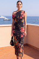 Laden Sie das Bild in den Galerie-Viewer, Coffee einschulteriger Bodycon mit gerafftem Midi-Blumenkleid mit Schlitz