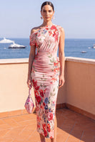 Laden Sie das Bild in den Galerie-Viewer, Coffee einschulteriger Bodycon mit gerafftem Midi-Blumenkleid mit Schlitz