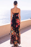Laden Sie das Bild in den Galerie-Viewer, Trägerloses Coffee A-Line gerafftes Chiffon Maxi-Blumenkleid