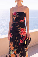 Laden Sie das Bild in den Galerie-Viewer, Trägerloses Coffee A-Line gerafftes Chiffon Maxi-Blumenkleid