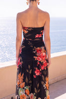 Laden Sie das Bild in den Galerie-Viewer, Trägerloses Coffee A-Line gerafftes Chiffon Maxi-Blumenkleid