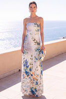 Laden Sie das Bild in den Galerie-Viewer, Trägerloses Coffee A-Line gerafftes Chiffon Maxi-Blumenkleid