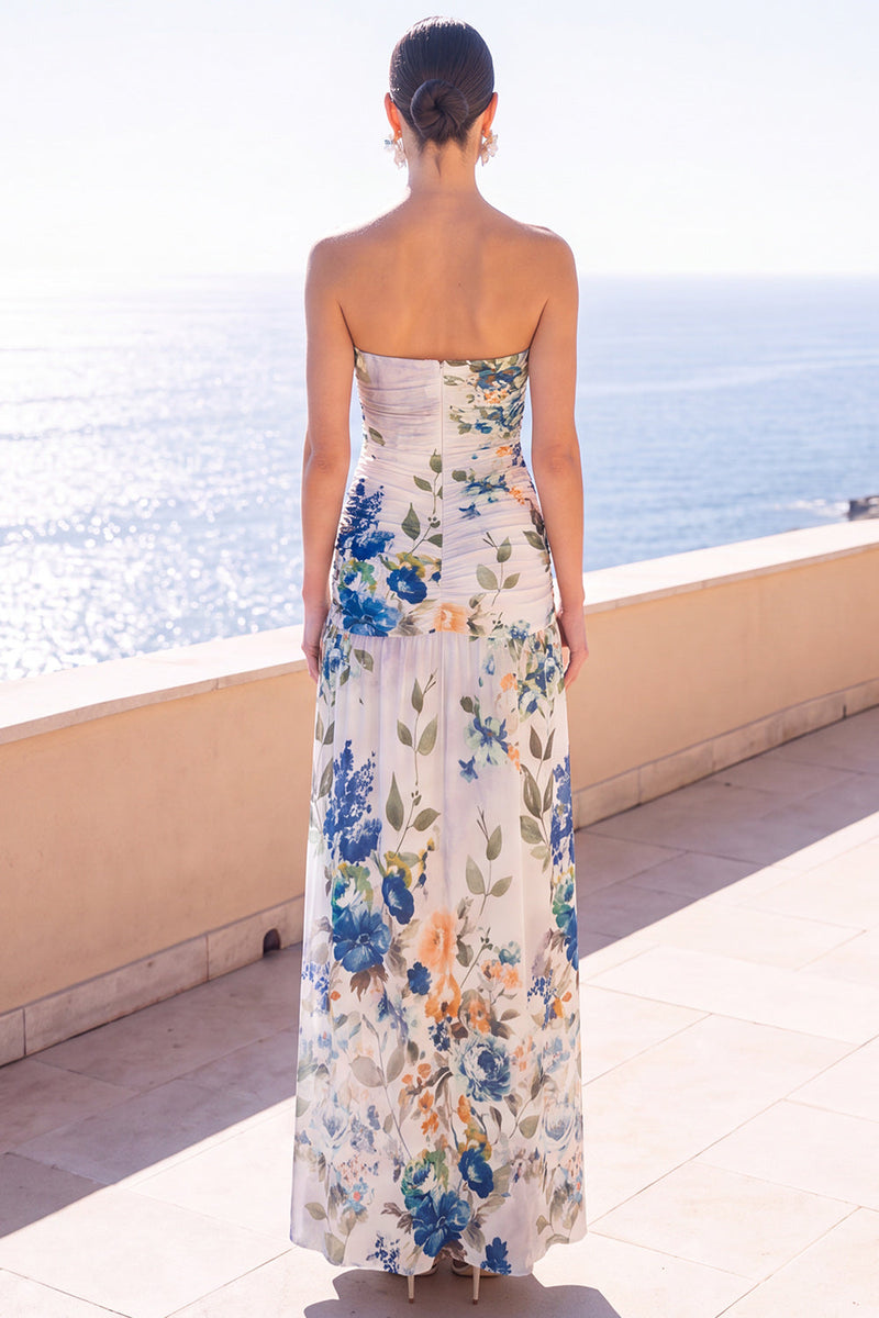 Laden Sie das Bild in den Galerie-Viewer, Trägerloses Coffee A-Line gerafftes Chiffon Maxi-Blumenkleid