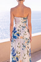 Laden Sie das Bild in den Galerie-Viewer, Trägerloses Coffee A-Line gerafftes Chiffon Maxi-Blumenkleid