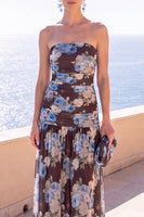Laden Sie das Bild in den Galerie-Viewer, Trägerloses Coffee A-Line gerafftes Chiffon Maxi-Blumenkleid