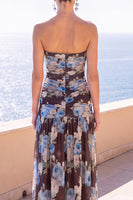 Laden Sie das Bild in den Galerie-Viewer, Trägerloses Coffee A-Line gerafftes Chiffon Maxi-Blumenkleid