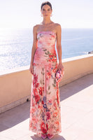 Laden Sie das Bild in den Galerie-Viewer, Trägerloses Coffee A-Line gerafftes Chiffon Maxi-Blumenkleid