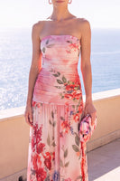 Laden Sie das Bild in den Galerie-Viewer, Trägerloses Coffee A-Line gerafftes Chiffon Maxi-Blumenkleid
