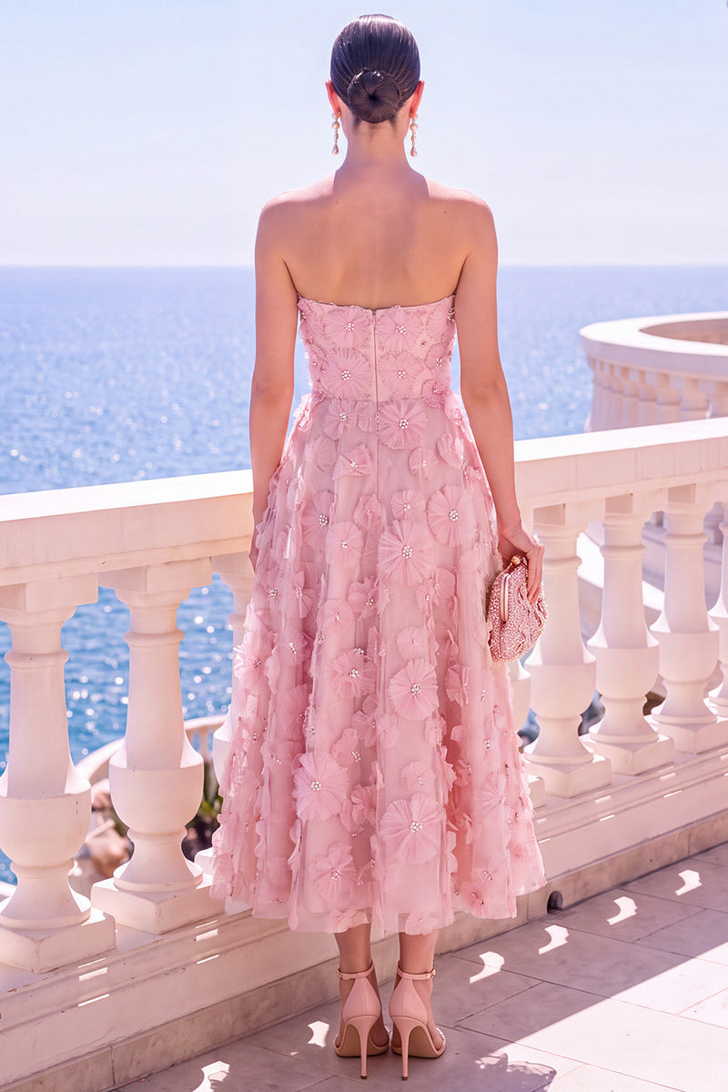 Laden Sie das Bild in den Galerie-Viewer, Trägerloses blaues A-Linien-Midi-Blumenkleid mit Applikationen