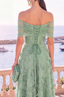 Laden Sie das Bild in den Galerie-Viewer, Off-the-shoulder blaues A-Linien-Midi-Blumenkleid mit Schnürung hinten