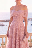 Laden Sie das Bild in den Galerie-Viewer, Off-the-shoulder blaues A-Linien-Midi-Blumenkleid mit Schnürung hinten