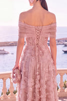 Laden Sie das Bild in den Galerie-Viewer, Off-the-shoulder blaues A-Linien-Midi-Blumenkleid mit Schnürung hinten