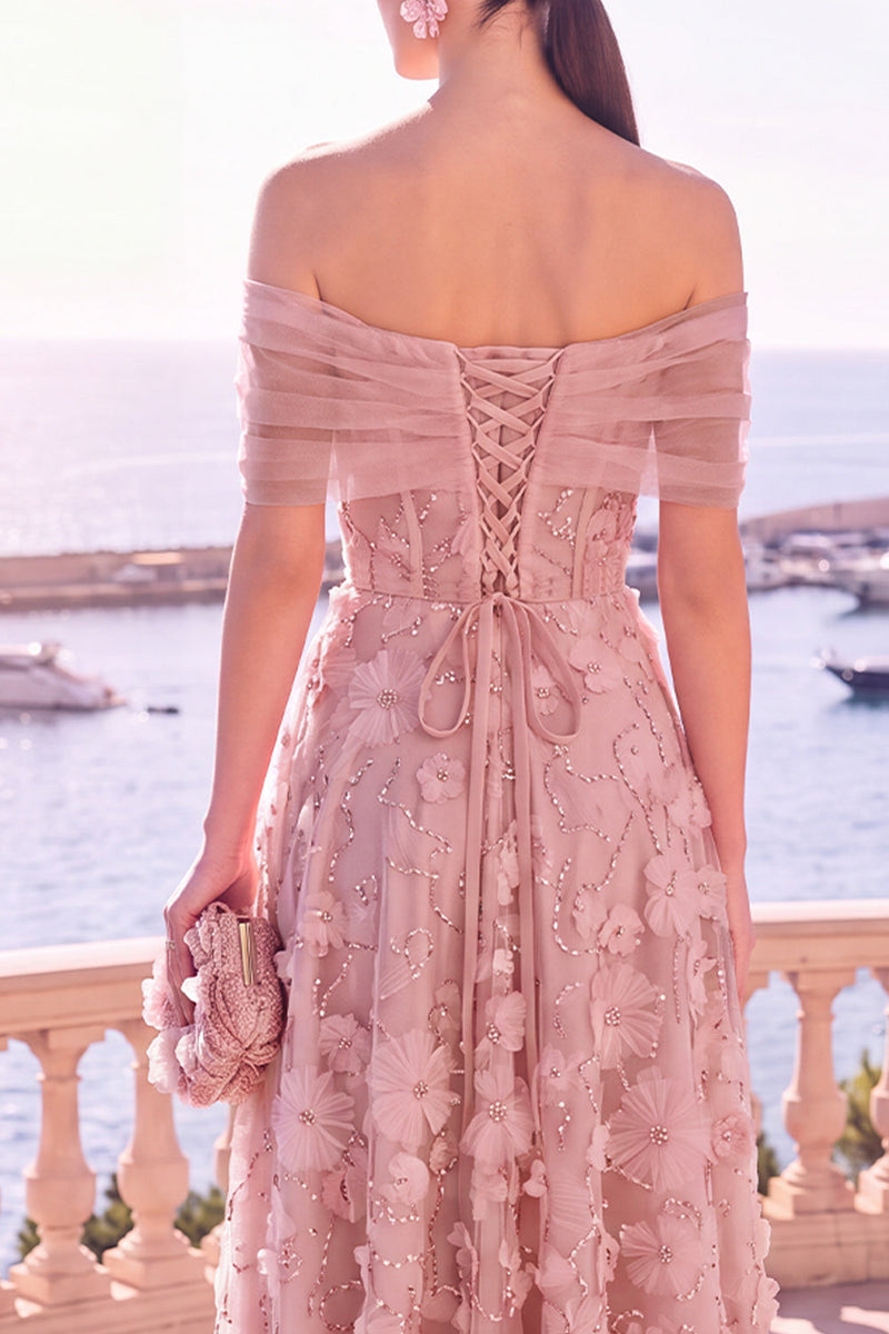 Laden Sie das Bild in den Galerie-Viewer, Off-the-shoulder blaues A-Linien-Midi-Blumenkleid mit Schnürung hinten