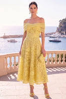 Laden Sie das Bild in den Galerie-Viewer, Off-the-shoulder blaues A-Linien-Midi-Blumenkleid mit Schnürung hinten