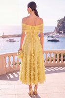 Laden Sie das Bild in den Galerie-Viewer, Off-the-shoulder blaues A-Linien-Midi-Blumenkleid mit Schnürung hinten