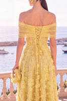 Laden Sie das Bild in den Galerie-Viewer, Off-the-shoulder blaues A-Linien-Midi-Blumenkleid mit Schnürung hinten