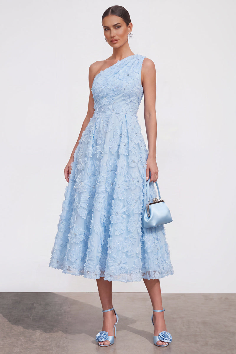 Laden Sie das Bild in den Galerie-Viewer, Blaues A-Linie Einschulteriges Blumen Midi-Kleid mit Strass