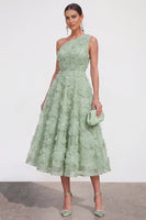 Laden Sie das Bild in den Galerie-Viewer, Blaues A-Linie Einschulteriges Blumen Midi-Kleid mit Strass