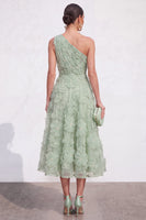 Laden Sie das Bild in den Galerie-Viewer, Blaues A-Linie Einschulteriges Blumen Midi-Kleid mit Strass