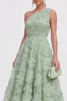 Laden Sie das Bild in den Galerie-Viewer, Blaues A-Linie Einschulteriges Blumen Midi-Kleid mit Strass