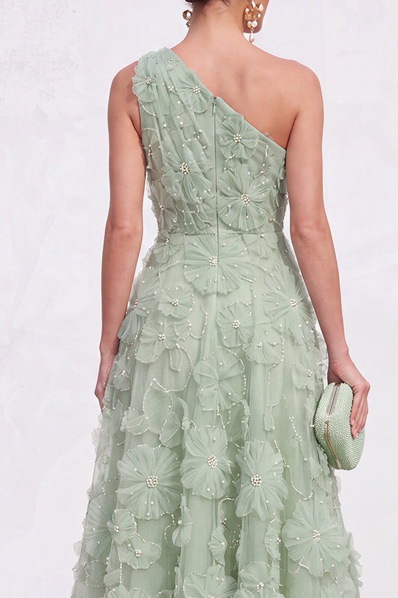 Laden Sie das Bild in den Galerie-Viewer, Blaues A-Linie Einschulteriges Blumen Midi-Kleid mit Strass