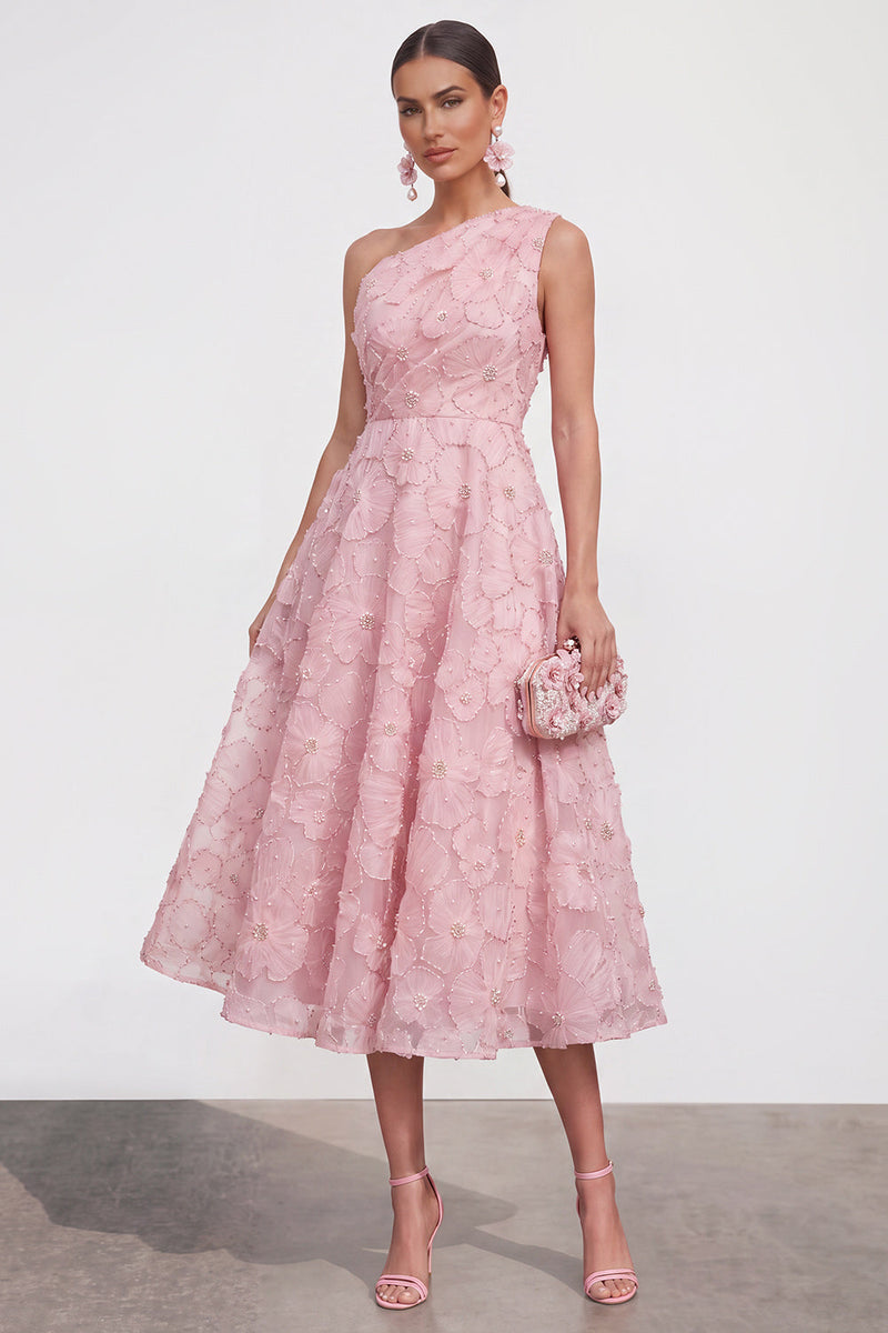 Laden Sie das Bild in den Galerie-Viewer, Blaues A-Linie Einschulteriges Blumen Midi-Kleid mit Strass