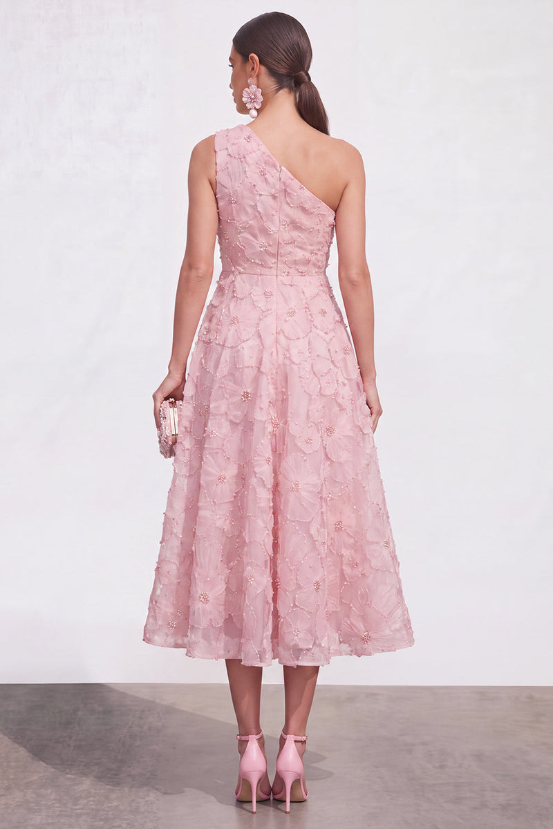 Laden Sie das Bild in den Galerie-Viewer, Blaues A-Linie Einschulteriges Blumen Midi-Kleid mit Strass