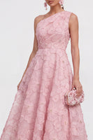 Laden Sie das Bild in den Galerie-Viewer, Blaues A-Linie Einschulteriges Blumen Midi-Kleid mit Strass