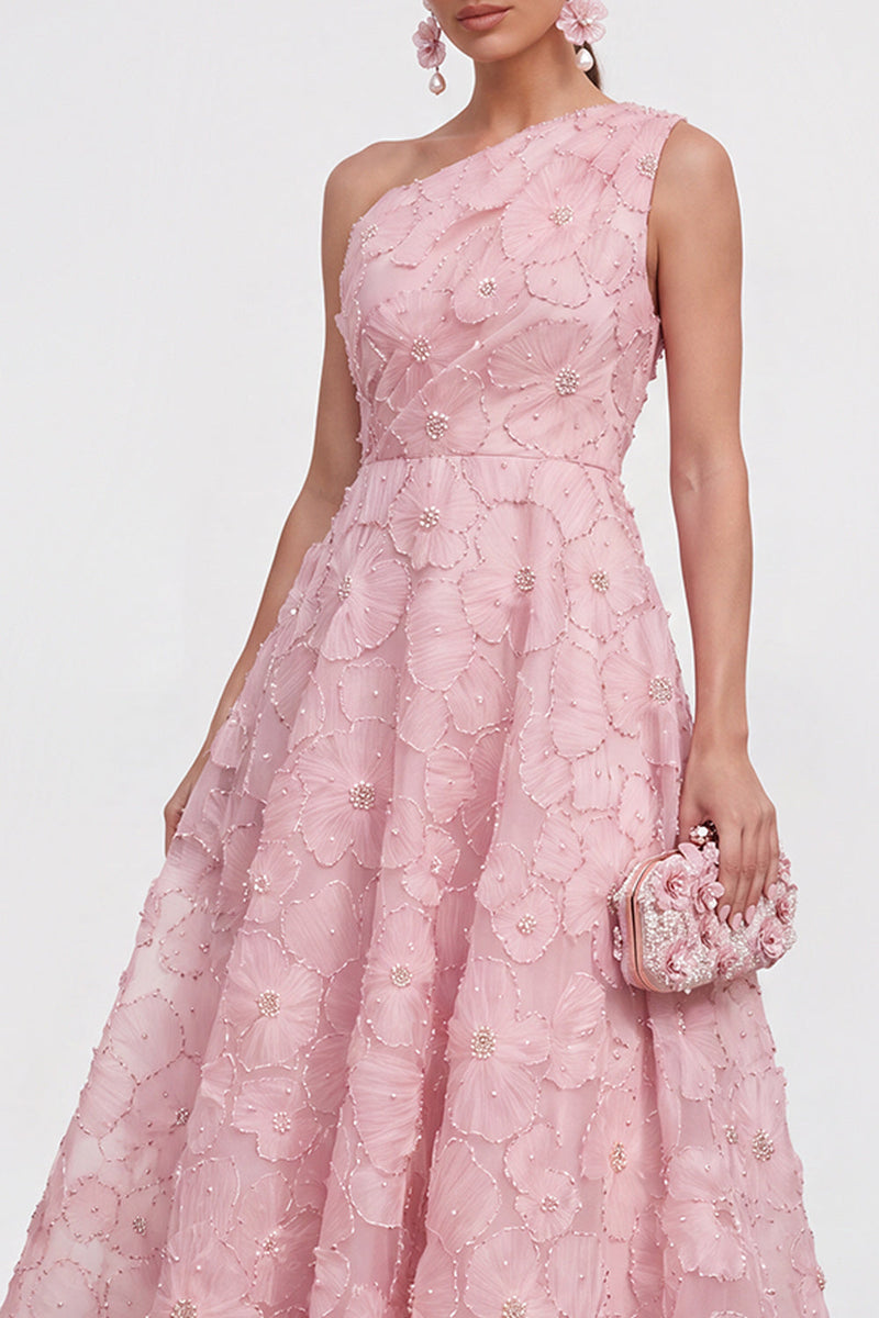 Laden Sie das Bild in den Galerie-Viewer, Blaues A-Linie Einschulteriges Blumen Midi-Kleid mit Strass